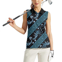 Indonesia Batik Pattern Women Sleeveless Polo Shirt Blue Version