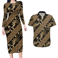 Indonesia Batik Pattern Couples Matching Long Sleeve Bodycon Dress and Hawaiian Shirt Gold Version