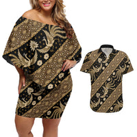 Indonesia Batik Pattern Couples Matching Off Shoulder Short Dress and Hawaiian Shirt Gold Version LT01 Gold - Polynesian Pride