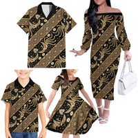 Indonesia Batik Pattern Family Matching Off The Shoulder Long Sleeve Dress and Hawaiian Shirt Gold Version LT01 - Polynesian Pride