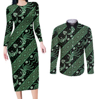 Indonesia Batik Pattern Couples Matching Long Sleeve Bodycon Dress and Long Sleeve Button Shirt Green Version LT01 Green - Polynesian Pride