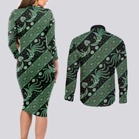 Indonesia Batik Pattern Couples Matching Long Sleeve Bodycon Dress and Long Sleeve Button Shirt Green Version LT01 - Polynesian Pride