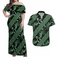Indonesia Batik Pattern Couples Matching Off Shoulder Maxi Dress and Hawaiian Shirt Green Version