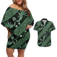 Indonesia Batik Pattern Couples Matching Off Shoulder Short Dress and Hawaiian Shirt Green Version LT01 Green - Polynesian Pride