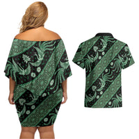 Indonesia Batik Pattern Couples Matching Off Shoulder Short Dress and Hawaiian Shirt Green Version LT01 - Polynesian Pride