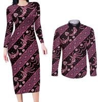 Indonesia Batik Pattern Couples Matching Long Sleeve Bodycon Dress and Long Sleeve Button Shirt Pink Version LT01 Pink - Polynesian Pride
