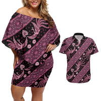 Indonesia Batik Pattern Couples Matching Off Shoulder Short Dress and Hawaiian Shirt Pink Version LT01 Pink - Polynesian Pride