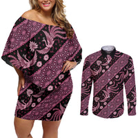 Indonesia Batik Pattern Couples Matching Off Shoulder Short Dress and Long Sleeve Button Shirt Pink Version