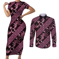 Indonesia Batik Pattern Couples Matching Short Sleeve Bodycon Dress and Long Sleeve Button Shirt Pink Version LT01 Pink - Polynesian Pride