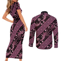 Indonesia Batik Pattern Couples Matching Short Sleeve Bodycon Dress and Long Sleeve Button Shirt Pink Version LT01 - Polynesian Pride