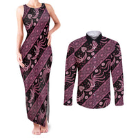 Indonesia Batik Pattern Couples Matching Tank Maxi Dress and Long Sleeve Button Shirt Pink Version