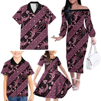 Indonesia Batik Pattern Family Matching Off The Shoulder Long Sleeve Dress and Hawaiian Shirt Pink Version LT01 - Polynesian Pride