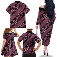Indonesia Batik Pattern Family Matching Off The Shoulder Long Sleeve Dress and Hawaiian Shirt Pink Version LT01 - Polynesian Pride