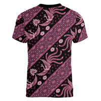 Indonesia Batik Pattern Women V-Neck T-Shirt Pink Version