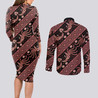 Indonesia Batik Pattern Couples Matching Long Sleeve Bodycon Dress and Long Sleeve Button Shirt Red Version