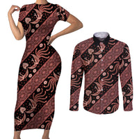 Indonesia Batik Pattern Couples Matching Short Sleeve Bodycon Dress and Long Sleeve Button Shirt Red Version LT01 Red - Polynesian Pride