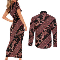 Indonesia Batik Pattern Couples Matching Short Sleeve Bodycon Dress and Long Sleeve Button Shirt Red Version LT01 - Polynesian Pride