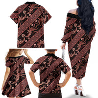 Indonesia Batik Pattern Family Matching Off The Shoulder Long Sleeve Dress and Hawaiian Shirt Red Version LT01 - Polynesian Pride