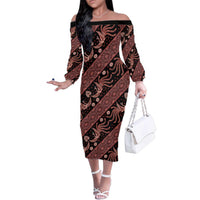 Indonesia Batik Pattern Family Matching Off The Shoulder Long Sleeve Dress and Hawaiian Shirt Red Version LT01 Mom's Dress Red - Polynesian Pride