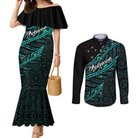 Personalised Aotearoa Couples Matching Mermaid Dress and Long Sleeve Button Shirts Silver Fern Mix Paua Shell Polynesian Pattern LT01 Black - Polynesian Pride