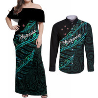Personalised Aotearoa Couples Matching Off Shoulder Maxi Dress and Long Sleeve Button Shirts Silver Fern Mix Paua Shell Polynesian Pattern LT01 Black - Polynesian Pride