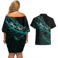 Personalised Aotearoa Couples Matching Off Shoulder Short Dress and Hawaiian Shirt Silver Fern Mix Paua Shell Polynesian Pattern LT01 - Polynesian Pride