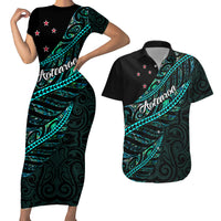 Personalised Aotearoa Couples Matching Short Sleeve Bodycon Dress and Hawaiian Shirt Silver Fern Mix Paua Shell Polynesian Pattern LT01 Black - Polynesian Pride
