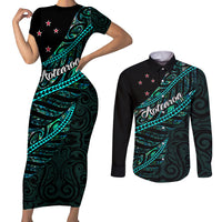 Personalised Aotearoa Couples Matching Short Sleeve Bodycon Dress and Long Sleeve Button Shirts Silver Fern Mix Paua Shell Polynesian Pattern LT01 Black - Polynesian Pride