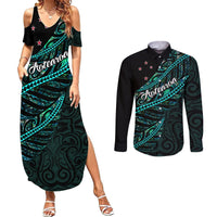 Personalised Aotearoa Couples Matching Summer Maxi Dress and Long Sleeve Button Shirts Silver Fern Mix Paua Shell Polynesian Pattern LT01 Black - Polynesian Pride