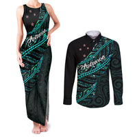 Personalised Aotearoa Couples Matching Tank Maxi Dress and Long Sleeve Button Shirts Silver Fern Mix Paua Shell Polynesian Pattern LT01 Black - Polynesian Pride