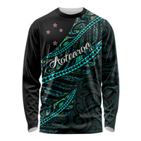 Personalised Aotearoa Long Sleeve Shirt Silver Fern Mix Paua Shell Polynesian Pattern LT01 Unisex Black - Polynesian Pride