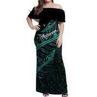Personalised Aotearoa Off Shoulder Maxi Dress Silver Fern Mix Paua Shell Polynesian Pattern LT01 Women Black - Polynesian Pride