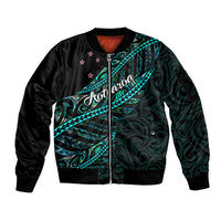 Personalised Aotearoa Sleeve Zip Bomber Jacket Silver Fern Mix Paua Shell Polynesian Pattern LT01 Unisex Black - Polynesian Pride