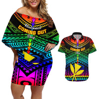 Personalised Hawaii Couples Matching Off Shoulder Short Dress and Hawaiian Shirt Kanaka Maoli Kakau 2023 National Coming Out Day LT01 Black - Polynesian Pride