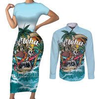 Personalized Aloha Hawaii Skeleton Couples Matching Short Sleeve Bodycon Dress and Long Sleeve Button Shirt Tropical Summer Vibe LT01 Blue - Polynesian Pride