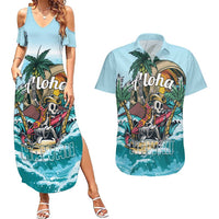 Personalized Aloha Hawaii Skeleton Couples Matching Summer Maxi Dress and Hawaiian Shirt Tropical Summer Vibe LT01 Blue - Polynesian Pride