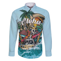 Personalized Aloha Hawaii Skeleton Family Matching Off Shoulder Maxi Dress and Hawaiian Shirt Tropical Summer Vibe LT01 Dad's Shirt - Long Sleeve Blue - Polynesian Pride