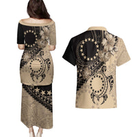 Cook Islands Turtle Couples Matching Puletasi and Hawaiian Shirt Stars and Hibiscus - Beige LT01 - Polynesian Pride