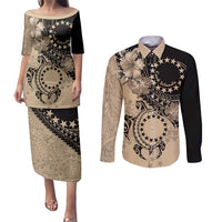 Cook Islands Turtle Couples Matching Puletasi and Long Sleeve Button Shirt Stars and Hibiscus - Beige LT01 Beige - Polynesian Pride