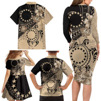Cook Islands Turtle Family Matching Long Sleeve Bodycon Dress and Hawaiian Shirt Stars and Hibiscus - Beige
