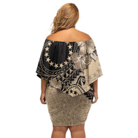 Cook Islands Turtle Off Shoulder Short Dress Stars and Hibiscus - Beige LT01 - Polynesian Pride