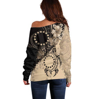 Cook Islands Turtle Off Shoulder Sweater Stars and Hibiscus - Beige