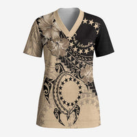 Cook Islands Turtle Scrub Top Stars and Hibiscus - Beige - Polynesian Pride