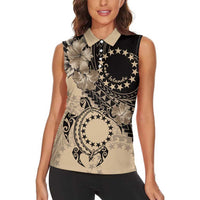 Cook Islands Turtle Women Sleeveless Polo Shirt Stars and Hibiscus - Beige