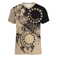 Cook Islands Turtle Women V-Neck T-Shirt Stars and Hibiscus - Beige LT01 Female Beige - Polynesian Pride
