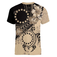 Cook Islands Turtle Women V-Neck T-Shirt Stars and Hibiscus - Beige LT01 - Polynesian Pride