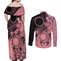 Cook Islands Turtle Couples Matching Off Shoulder Maxi Dress and Long Sleeve Button Shirt Stars and Hibiscus - Pink LT01 - Polynesian Pride