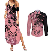 Cook Islands Turtle Couples Matching Summer Maxi Dress and Long Sleeve Button Shirt Stars and Hibiscus - Pink LT01 Pink - Polynesian Pride