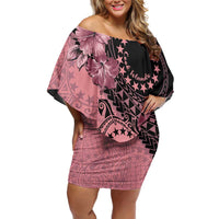 Cook Islands Turtle Family Matching Off Shoulder Short Dress and Hawaiian Shirt Stars and Hibiscus - Pink