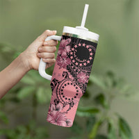 Cook Islands Turtle Tumbler With Handle Stars and Hibiscus - Pink LT01 - Polynesian Pride